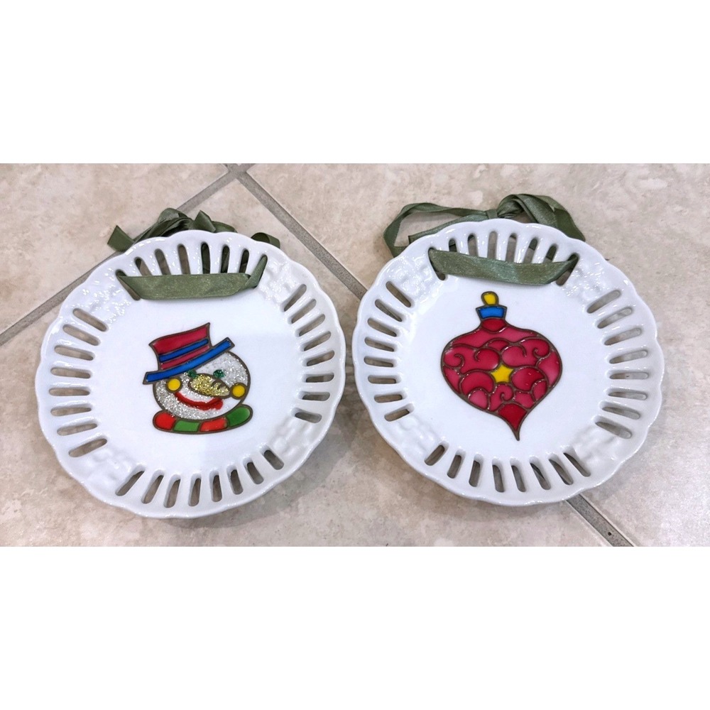 Vintage Hand Painted Ceramic Christmas Ornaments Reticulated Plate Snowman Set 2